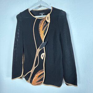 Jaskar Womens Black Knit Hand-Painted Cardigan Sweater Small Art to Wear Buttons